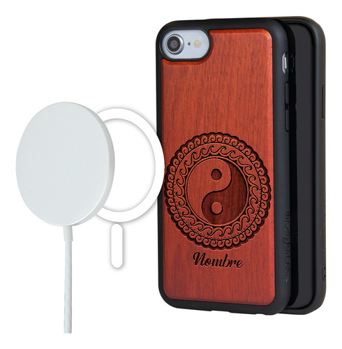 Funda Para iPhone Magsafe Madera Yin Yang Grabada Con Nombre