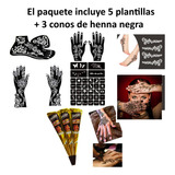 5 Plantillas Estencil +3 Henna Cono Color Negro Tatuaje Temp