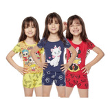 Kit 7 Pijamas Barato Estampado Princesas Verão Curto Menina