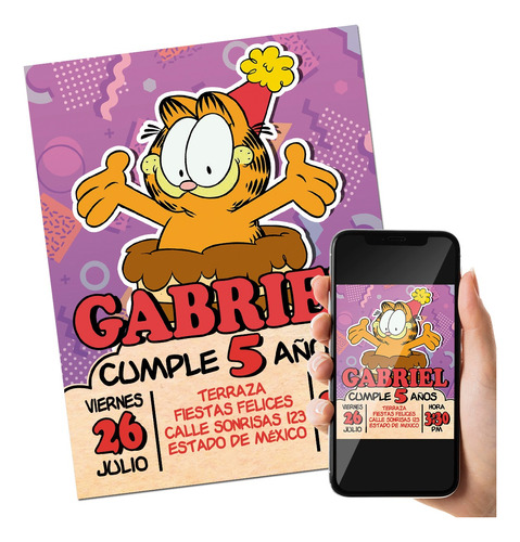 Invitación Digital Garfield Cumpleaños Fiesta Infantil Retro