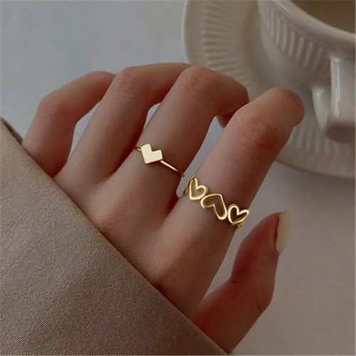 Set Anillos Corazones Ajustables Acero Inoxidable 2pz