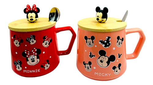 Mugs De Minnie Y Mickey Mouse Con Tapa De Madera Y Cuchara