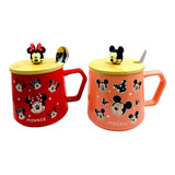Mugs De Minnie Y Mickey Mouse Con Tapa De Madera Y Cuchara