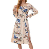 Vestido Midi Floral Cuello Cuadrado De Manga Larga Para