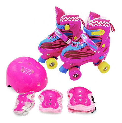 Patins 4 Rodas Quad Infantil Ajustável + Kit Proteção Rosa