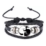 Pulsera Hombre - Pulsera Cuero Genuino  Yin Yang Gatos Bk Wt