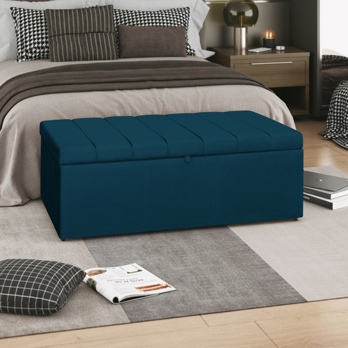 Calçadeira Baú Recamier Carla Estofada Cama Casal 140cm Azul