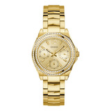 Reloj De Pulsera Guess Gw0685l2 De Cuerpo Color , Analógico, Para Mujer, Fondo Dorado, Con Correa De Acero Inoxidable Color Dorado, Bisel Color Dorado Y Pulsera