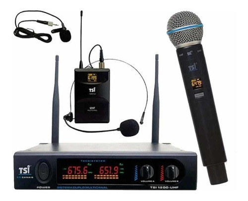 Sistema De Microfone Sem Fio Duplo Tsi-1200 Cli Uhf - Tsi Cor Preto