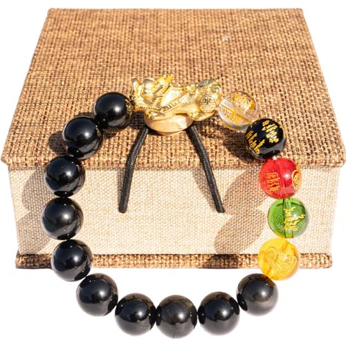 Pulsera Obsidiana Oro Pixiu Feng Shui Riqueza Salud