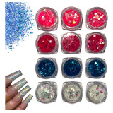 12 Potinhos Glitter Flocado Pó Para Decoração De Unhas Gel