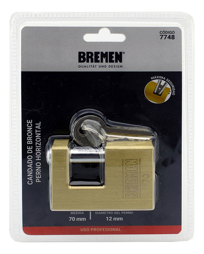 Candado Bronce Perno Horizontal Reforzado 70mm Bremen 7748