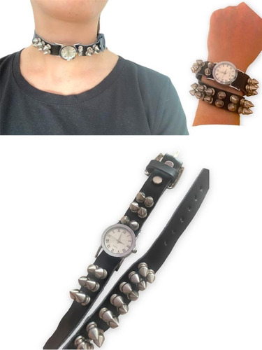 Choker Gargantilla Collar De Cuero Con Reloj Y Tachas