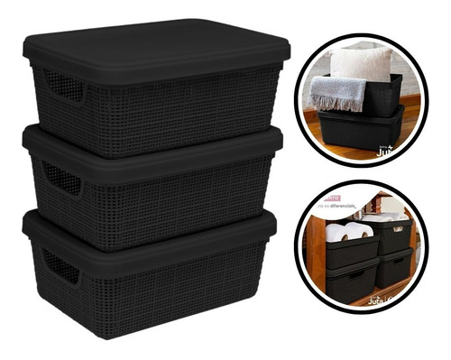 Kit 3 Caixas Organizadoras 15l Rattan Promoção Cesto C/tampa