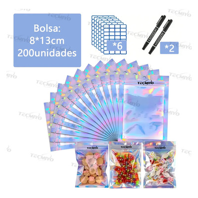 Tecmiyo 200 bolsas holográficas para vender,8*13 cm, bolsas holográficas plateadas con láser, regalo de cortesía: 6 pegatinas+2 rotuladores.Bolsas para gomitas holográficas | MercadoLibre