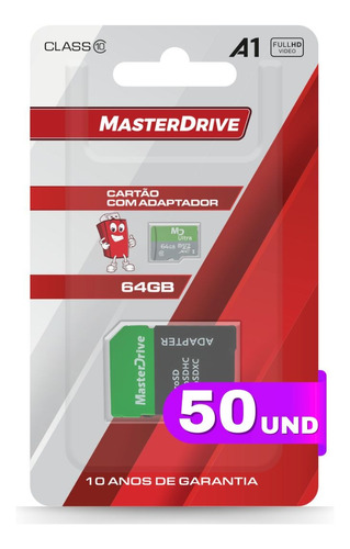 Kit 50 Cartão De Memória 64gb Micro Sd Classe 10 Masterdrive