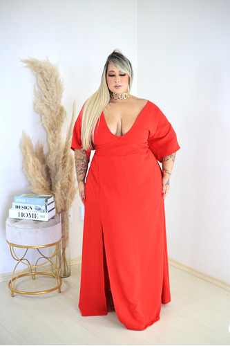 Vestido Longo Plus Size Decotado Fenda Festa Elegante Social