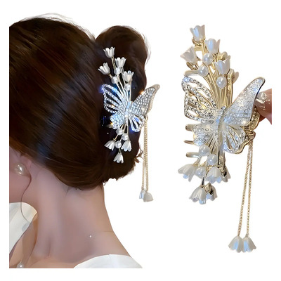 Pinza For El Cabello Con Mariposa, Rhinestones Y Perlas