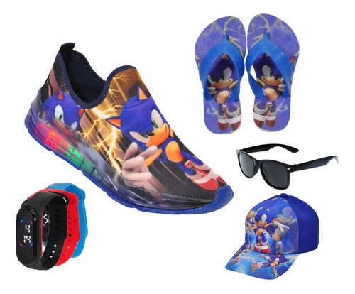 Tênis Led Infantil Sonic + Boné + Chinelo + Relógio + Óculos