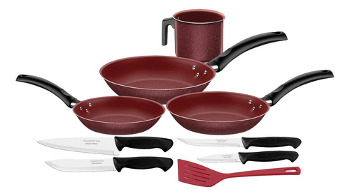 Set De Cocina 9 Pz Sartenes Aluminio Y Cuchillos Tramontina Color Vino