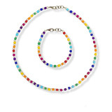 Conjunto Collar Pulsera Perlas 4mm Mostacillas De Colores