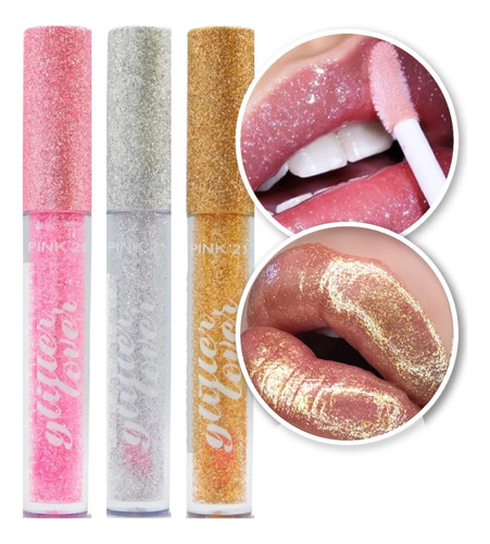 Labial Lip Gloss Con Glitter Brillante Set Labiales Pink 21