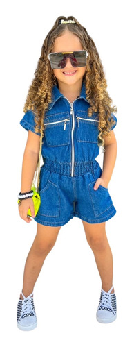 Jardineira Jeans Infantil Feminina Short Ziper Blogueirinha