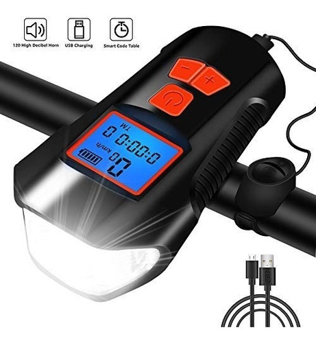 Luz Bicicleta Frontal Alarma Recargable Pantalla Velocimetro