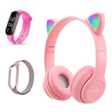 Kit Oferta Fone Gatinho Relogio Digital C Pulseira Brinde