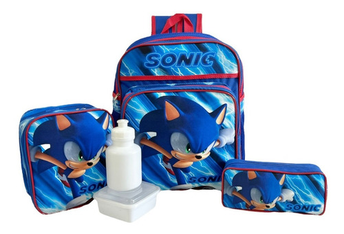 Kit Mochila Escolar Infantil Sonic Média Costas Meninos F5