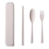 Set De Cubiertos Comida Plastico Partatil Reutilizable Viaje Color Beis