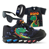 Kit Tenis Infantil Led Dino Dinossauro+camisa+relogio+oculos