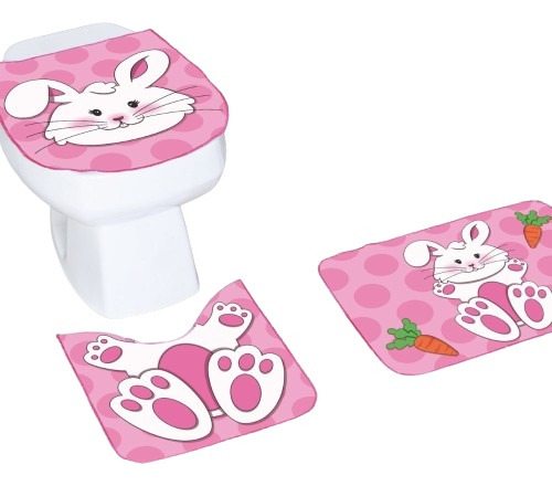 Jogo Conjunto Tapetes De Banheiro 3 Peças Coelhinho Rosa