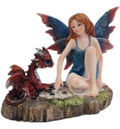 Hermosa Figura Hada Azul Con Dragón Rojo