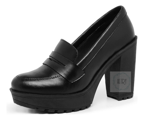 Mocassim Feminino Oxford Salto Alto Tratorada