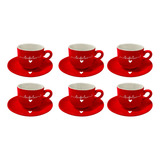 Jogo Xícaras Vermelha De Café Porcelana C/ Pires 12 Pcs 90ml