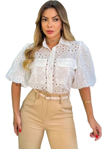 Camisa Feminina Lese Com Manga Bufante E Botões 100% Algodão