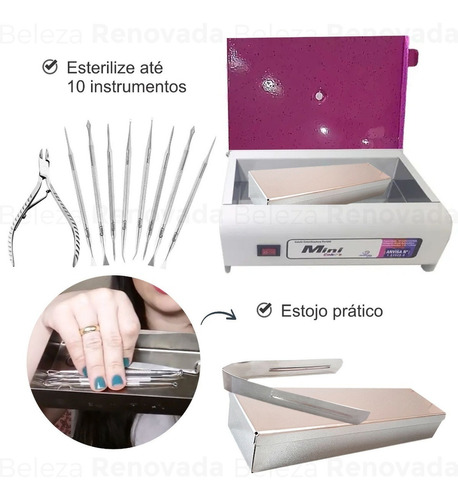 Estufa Esterilizadora De Alicates De Unha Forninho + Estojo Cor Branca/ Rosa + Estojo + Pegador Bivolt Automático - 110v / 220v