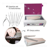 Estufa Esterilizadora De Alicates De Unha Forninho + Estojo Cor Branca/ Rosa + Estojo + Pegador Bivolt Automático - 110v / 220v