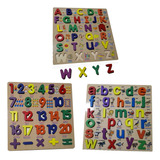 Set X3 Tablas Encajable Letras Números En Madera Didáctico 