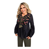 Blusa Negro Con Bordado De Flores En Terciopelo 965-38