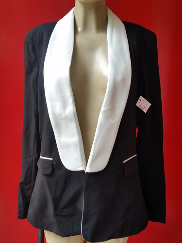 Blazer Casaco Feminino - Preto + Gola Branca - Plus Size 46