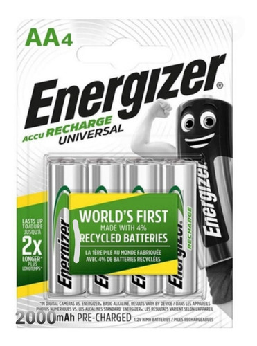 Pilas Baterias Recargables Energizer Aa X 4, 2000 Mah