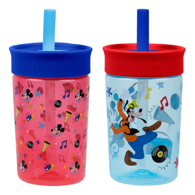 Set De 2 Vasos Infantil Con Popote Suave Antiderrames 450ml Azul Y Rojo Mickey Mouse