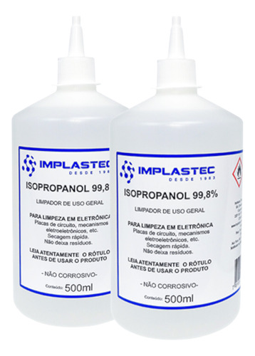 2 Álcool Isopropílico 99,8% Puro Isopropanol 500ml Implastec