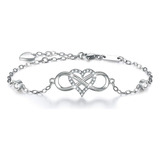 Pulsera Plata S925 Oro Blanco Forever Love Corazón Infinito