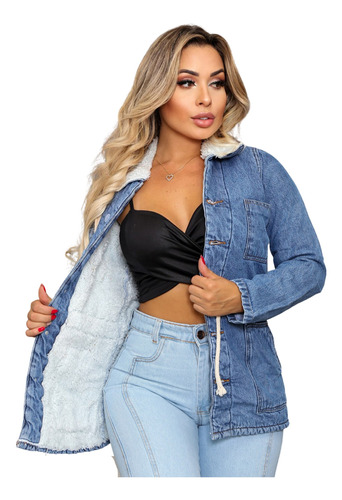 Jaqueta Jeans Feminina Parka Longa Peluciada Premium Forrada