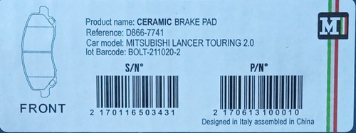 Pastilla Freno Delantera Mitsubishi Lancer Touring 2.0  Foto 3