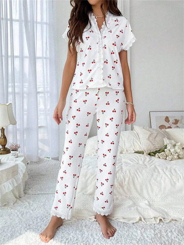 Pijama Estampado Pijama De Top Manga Corta Y Pantalón Mujer