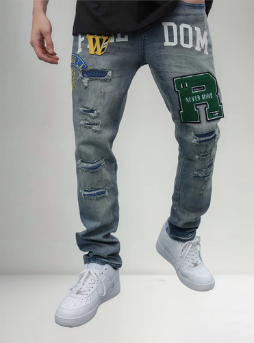 Logeqi® Hombres Jeans Lavados En Azul Rasgado Con Parche | Meses sin interés